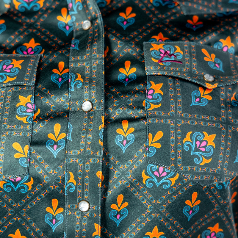 Camisa Vaquera Dama Estampado Mosaico Escaramuza en Verde