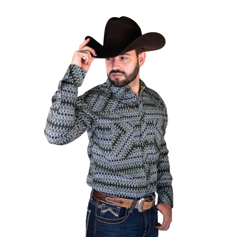 Camisa Vaquera Caballero Flechas Aztecas Verde