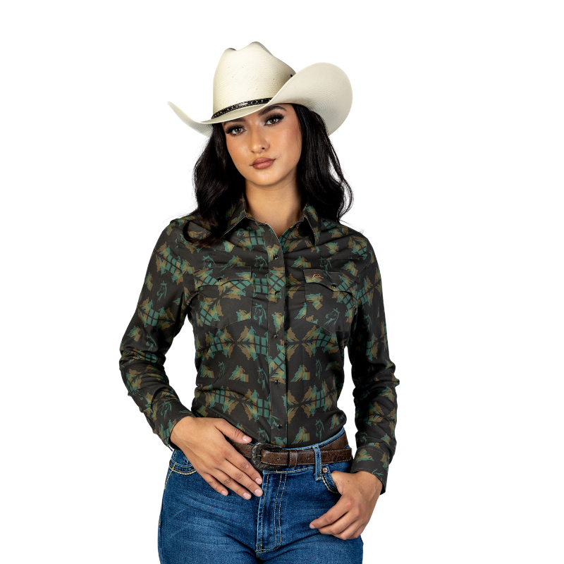 Camisa Vaquera Dama Estampado Yegua Color Verde