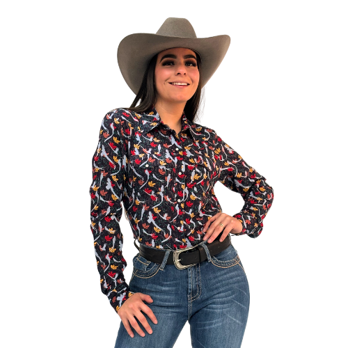 Camisa Vaquera Dama Estampado Quetzal Marino A-CM135